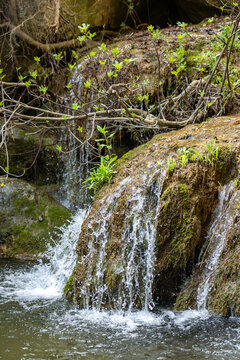 Detailed vertical shot of a vibrant, moss-covered boulder serving as a natural waterfall tier. Delicate new sprouts grow directly from the wet stone amidst the dynamic, freezing water droplets.