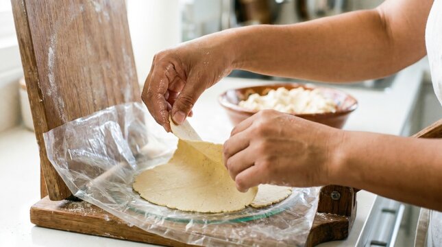Person using a traditional wooden press to flatten corn masa dough for making fresh tortillas