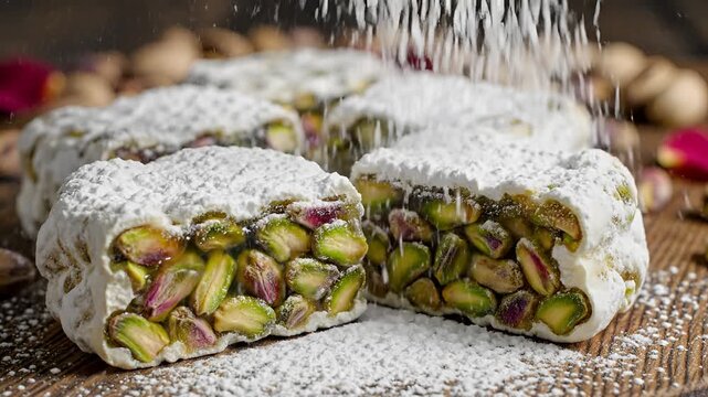 Delicious Pistachio Nougat Candy Being Dusted with Powdered Sugar.