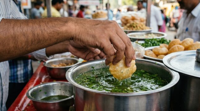 Street food vendor dipping a crispy puri into spicy mint water to serve pani puri
