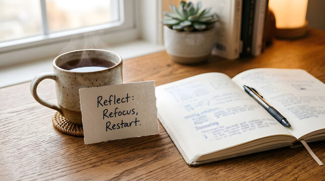 A cozy wooden desk with a cup of hot coffee, an open journal, and a handwritten note saying Reflect, Refocus, Restart. Perfect for mental health, motivation, and mindfulness lifestyle themes