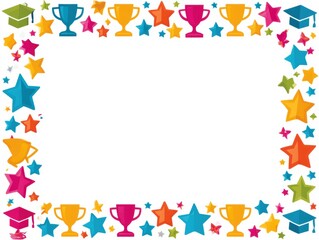 Fototapeta premium Colorful icons of stars, trophies, and graduation caps form a joyful border. This design is perfect for celebration of achievements and milestones.