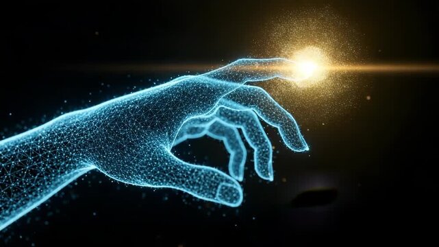 Digital wireframe hand touching glowing golden light