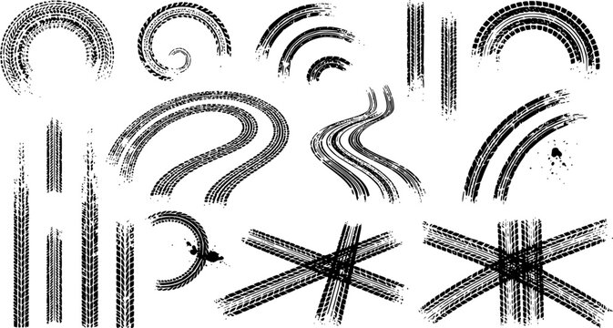 Tire tread marks after skidding, launch, drift, powerslide in motorsport, rally, off-road, motocross. Wheel texture with splash effect. Vector, transparent background EPS version.