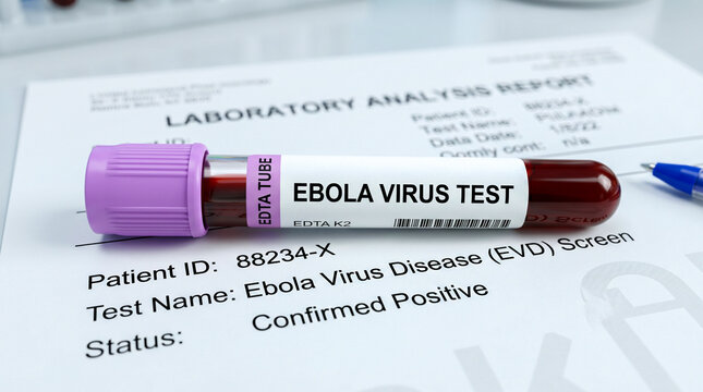 Professional Ebola Virus Blood Test Sample in EDTA Collection Tube on Clinical Laboratory Report