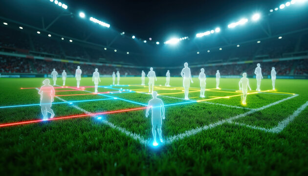 Soccer team huddle on green stadium field, analyzing digital tactical play diagram with glowing player icons and strategy lines. Night match planning with holographic board.