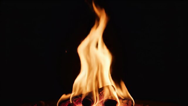 Fiery logs burn brightly in the darkness, emitting warm, dancing flames