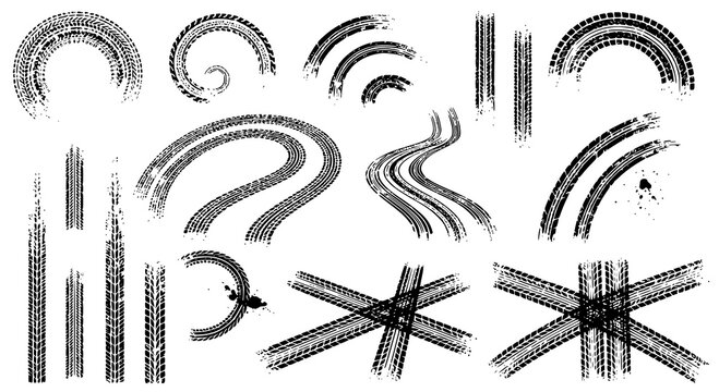 Tire tread marks after skidding, launch, drift, powerslide in motorsport, rally, off-road, motocross. Wheel texture with splash effect. Vector, JPEG version.