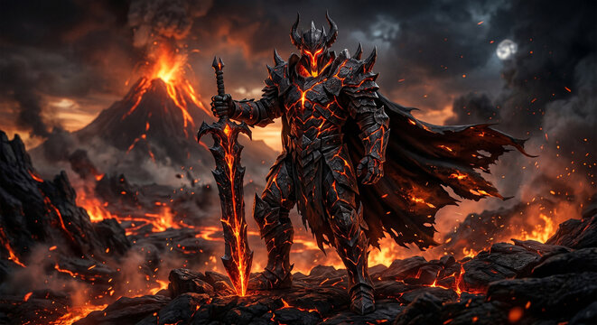 Dark fantasy knight in glowing obsidian armor standing in a volcanic wasteland