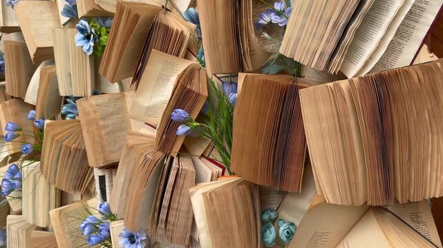 Vintage Books and Blue Flowers Flat Lay Background
Aesthetic flat lay composition featuring open and stacked vintage books arranged with delicate blue flowers. Warm paper textures