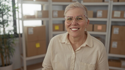 Fototapeta premium Woman smiles holding parcel and wearing glasses in office building with shelves of boxes and a potted plant; small business contentment.