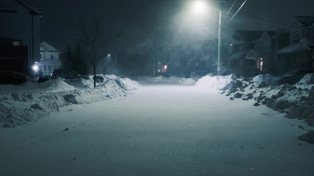 A powerful snowstorm blankets Beachville, Nova Scotia in thick snow during the night. Strong winds blow, creating deep snowdrifts and blocking roads and walkways in this quiet community