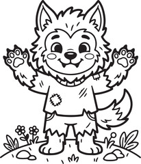 Fototapeta premium Werewolf coloring page for kids. Cute monster line art illustration. Halloween wolf cartoon character vector. Black and white outline for children's activity book. Printable nursery school worksheet. 
