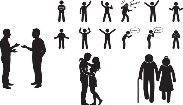 Vector graphic elements set featuring stick figures in expressive poses, talking men silhouettes, hugging couple, and elderly parents