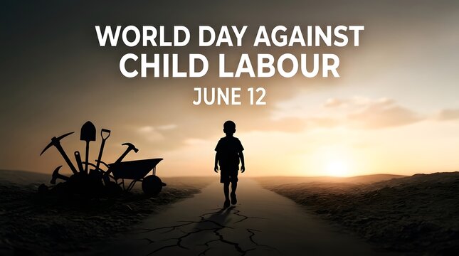 A boy walking away from manual labor tools toward a bright sunrise for World Day Against Child Labour, June 12. Representing hope, freedom, and the global effort to end exploitation of children