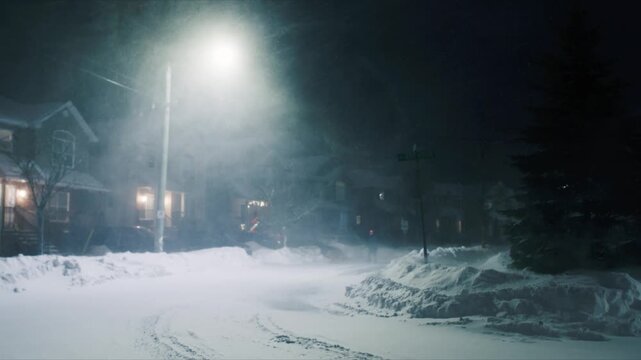 A powerful snowstorm envelops Beachville, Nova Scotia, transforming the night into a winter wonderland. Strong winds whip through the streets, creating snowdrifts that obstruct roads and pathways