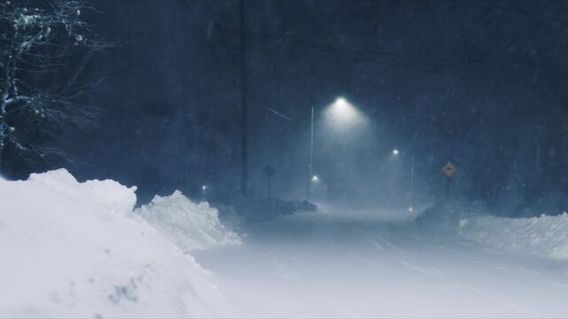 A powerful snowstorm sweeps through Beachville, Halifax, creating high snowdrifts that block roads and pathways. The howling wind and swirling snow transform the night into a winter landscape