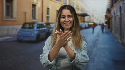 Fototapeta premium Hispanic woman clapping hands on a narrow cobbled city street, smiling with visible rings and long nails while facing camera; happiness.