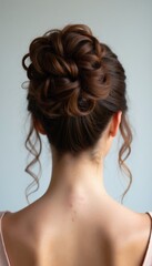 Fototapeta premium Woman has elegant brown hair styled in a high bun. Loose curls frame her neck and shoulders. Simple background highlights the sophisticated hairstyle. This updo is perfect for formal events.
