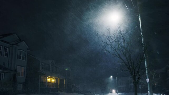 A powerful snowstorm envelops the peaceful village of Beachville, Nova Scotia, as snow piles up and winds howl, creating barriers on streets and pathways in the quiet night