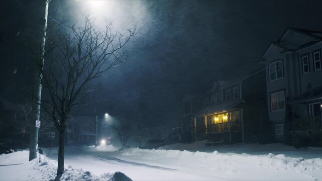 A powerful snowstorm blankets Beachville in Nova Scotia, creating deep snowdrifts that block roads and sidewalks. Strong winds whip through the quiet streets, enhancing the winter scene