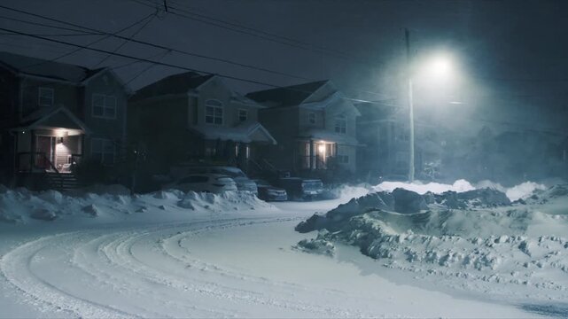 Beachville, Nova Scotia, endures a fierce snowstorm. Winds whip through the streets, creating deep snowdrifts that block roads and pathways. Winter's grip is felt all around
