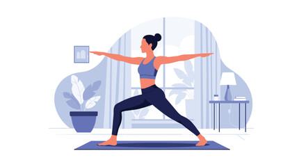 Fototapeta premium Young woman practicing yoga in warrior pose for fitness and relaxation in modern home living room interior with plants.