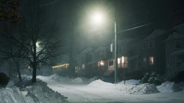 Strong winds and heavy snow transform Beachville, Nova Scotia into a winter wonderland. Streets and walkways are buried under snow, creating a magical yet challenging nighttime landscape