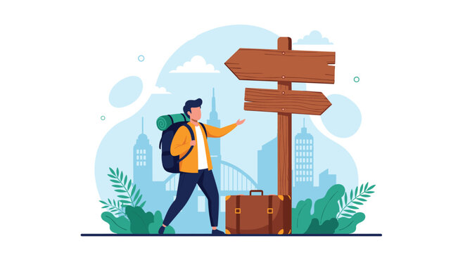 Male backpacker stands next to a wooden directional signpost while deciding on his next destination in a modern city environment.