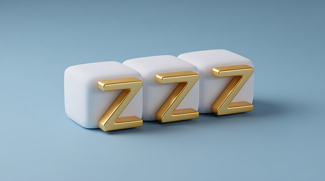 Minimalist visual representation of deep sleep and rest using golden 'Z' letters on soft white cubes, symbolizing tranquility and comfort on blue