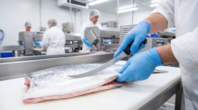 Worker in a seafood processing plant using a sharp knife to fillet a large raw salmon