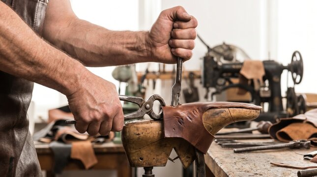 Cobbler using a punch tool to work on a leather shoe upper over a traditional wooden last
