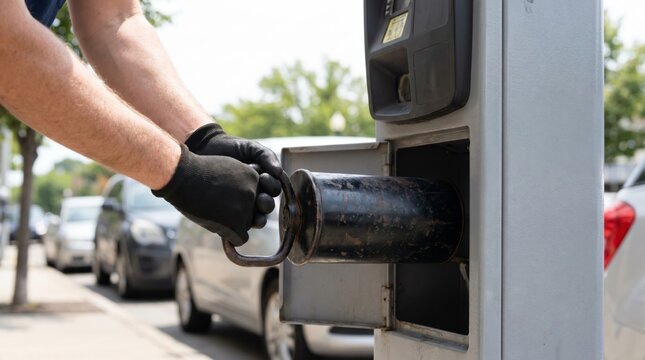 Municipal worker removing a heavy black coin collection canister from a public parking meter