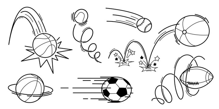 Dynamic ball bounce set with spiral spinning trajectory and jumping curves, vector speed motion doodle icons with movement direction effect, rebound paths, black flowing lines on white background