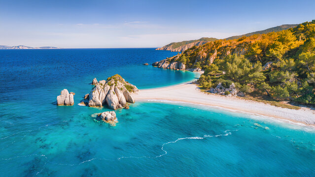 Turquoise water and white beach of Albanian Riviera, Mediterranean summer travel concept