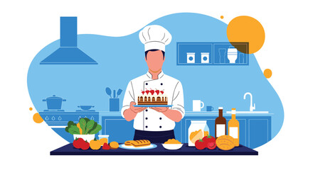 Naklejka premium Professional chef in a white uniform and hat holding a delicious cherry chocolate cake in a kitchen with fresh food.