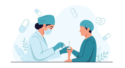 Obraz premium Female scientist wearing a lab coat and mask carefully preparing a vaccine or medical sample for a male patient in a laboratory setting.