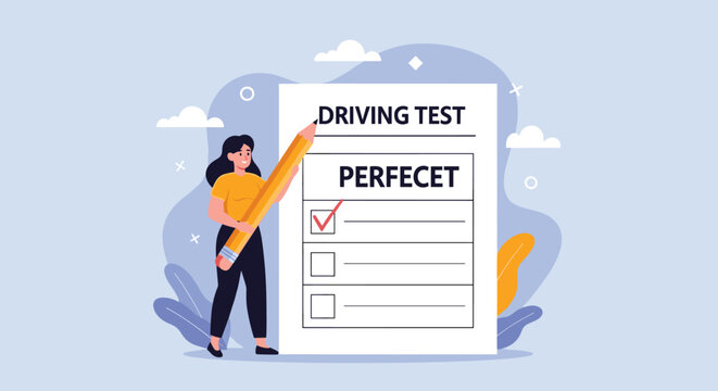 Happy woman holding a giant pencil and marking a driving test document as perfect to represent success in getting a driver's license.