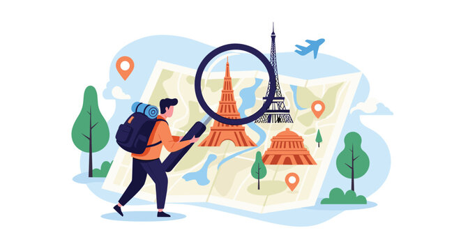Adventurous traveler with a backpack using a large magnifying glass to explore landmarks and map out his next exciting international journey.