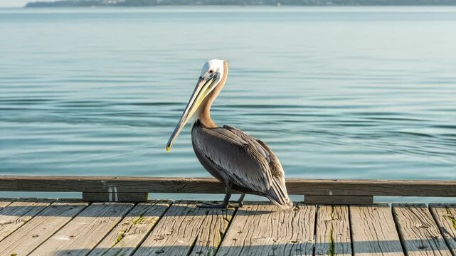 Brown pelican standing on wooden pier