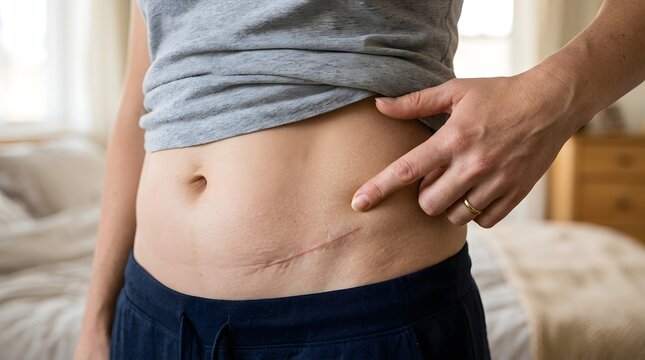 Close Up of Appendectomy Scar on Lower Abdomen with Hand Gesture Showing Recovery Process