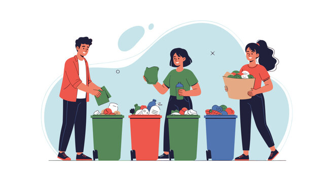 Diverse group of people sorting various types of waste into colorful recycling bins for a cleaner environment.