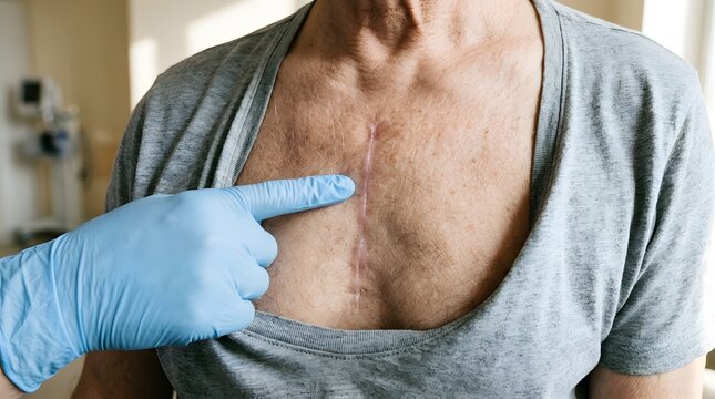Macro Close Up of Heart Bypass Surgery Chest Scar with Pointing Finger for Cardiac Rehabilitation Concept
