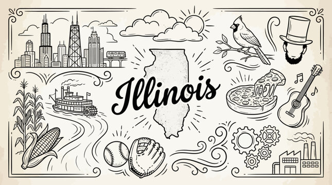 Illinois state symbols vector illustration featuring landmarks, culture, and icons including Chicago skyline, pizza, cardinal, and Abraham Lincoln top hat in detailed black and white sketch style