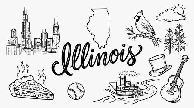 Illinois state symbols vector illustration featuring landmarks, culture, and icons including Chicago skyline, pizza, cardinal, and Abraham Lincoln top hat in detailed black and white sketch style