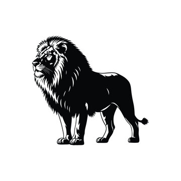 A black silhouette of a majestic lion with a full mane stands proudly on a white background.