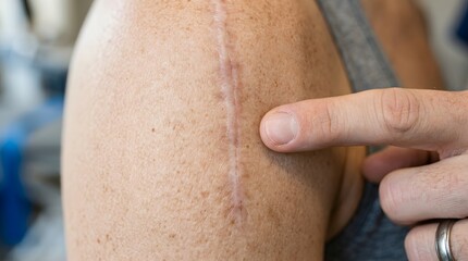 Fototapeta premium Macro View of Shoulder Surgery Scar with Hand Pointing for Orthopedic Rehabilitation and Healing