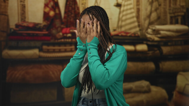 Woman covers face with hands inside a retail building stacked with rugs and textiles as she turns away; embarrassment vulnerability.