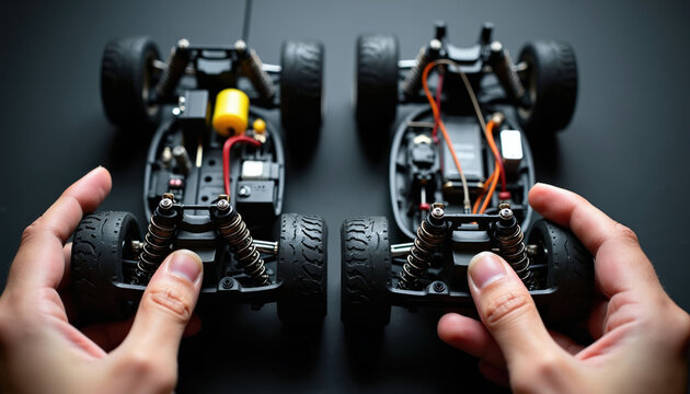 Hands assemble, repair electric radio control car chassis. Two model vehicles with wheels, suspension parts visible. Hobbyist modifies tiny remote cars indoors.