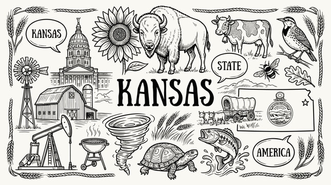 Kansas state symbols vector illustration featuring landmarks, wildlife, and cultural icons including sunflower, bison, tornado, and capitol building in detailed black and white sketch style